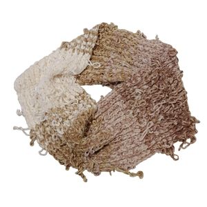 Handknit Cream, Tan, Mauve Shaggy Infinity Scarf